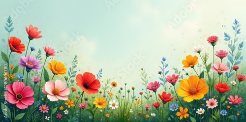 Vibrant wildflowers, naive style, rustic charm , hand drawn, textile, rustic