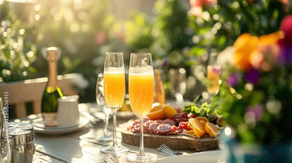 Naklejka premium Alcohol consumption at a sunny rooftop brunch with mimosas. Featuring joy and elegance