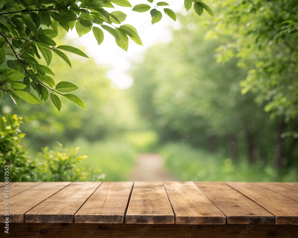 Empty wood table top on nature green blurred background at garden. Empty wood table top on nature green blurred background at garden.