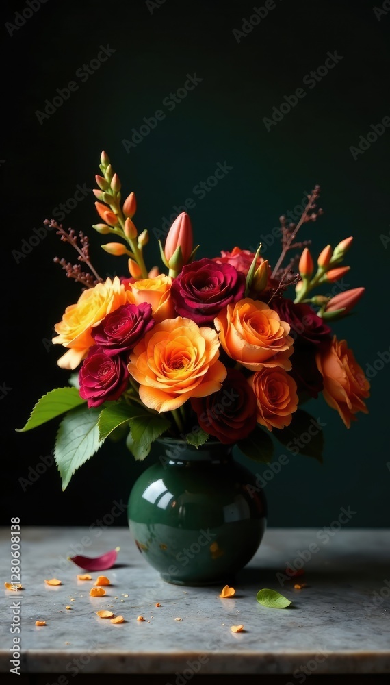 Obraz premium An artistic arrangement of orange and burgundy flowers on a marble tabletop against a dark background, flowers, , luxurious