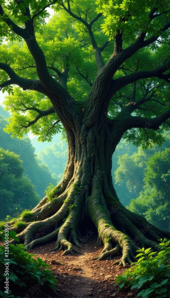 Fototapeta premium Ancient tree with sprawling roots and dense foliage, foliage, majestic