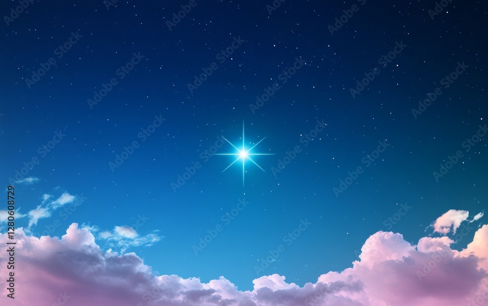 Fototapeta premium Bright Star Shining Over Soft Pink Clouds at Twilight