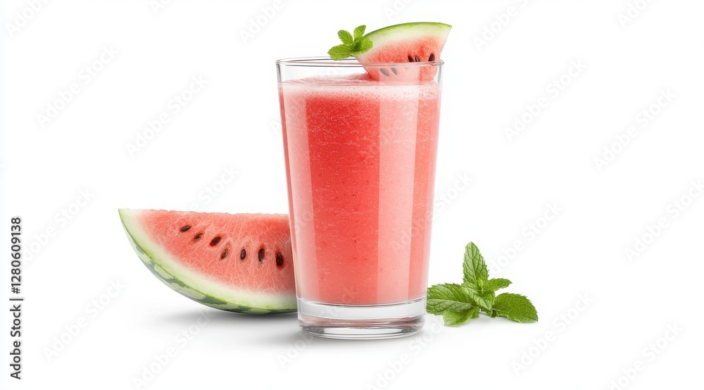 Fresh Watermelon Juice Glass with Fruit Slice and Mint Garnish Refreshing Summer Beverage Concept Fresh Watermelon Juice Glass with Fruit Slice and Mint Garnish Refreshing Summer Beverage Concept