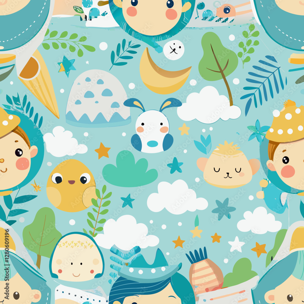 Naklejka premium Enchanting Whimsy: A vibrant, repeating pattern filled with adorable cartoon characters and cheerful, illustrative elements that evoke a sense of childlike wonder and creative play.