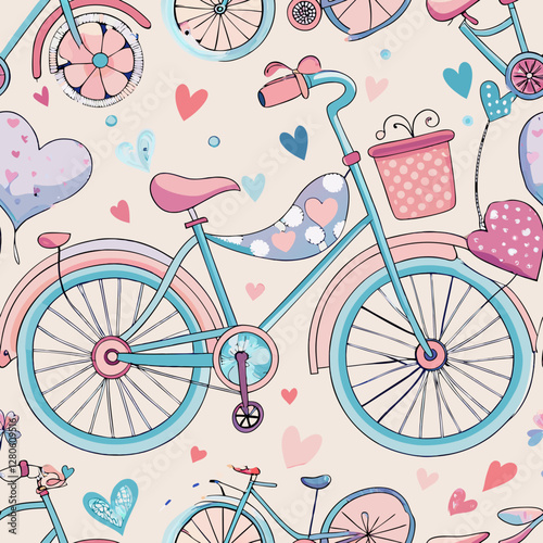 Whimsical Bicycle Pattern: A charming illustration showcases a delightful repeating pattern of pastel-colored bicycles, hearts, and balloons, creating a joyful.