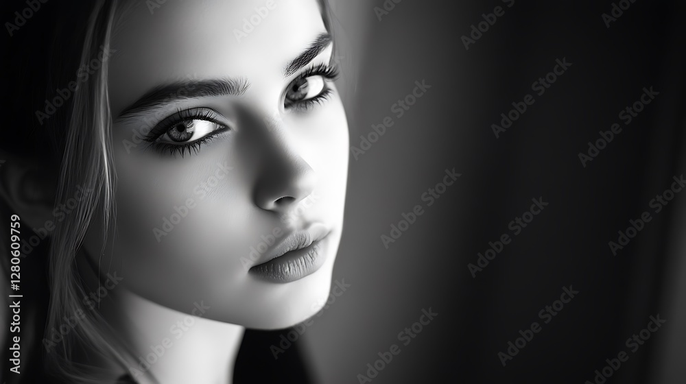 Fototapeta premium Elegant Monochrome Portrait of a Beautiful Young Woman with Glamorous Makeup