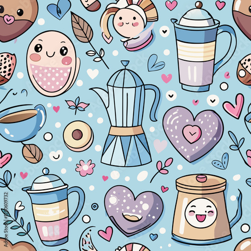 Whimsical Coffee Delight: A delightful seamless pattern showcases a variety of adorable coffee-related illustrations with charming and inviting expressions.