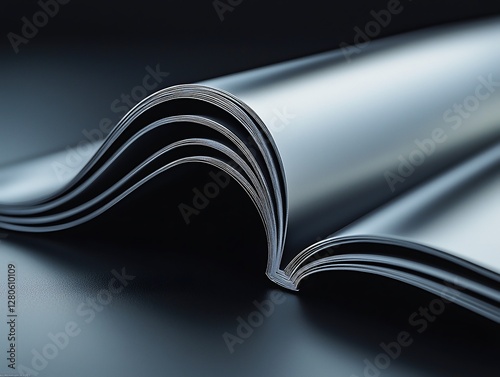Close up view of a book on a table with glossy magazine paper texture and light reflection