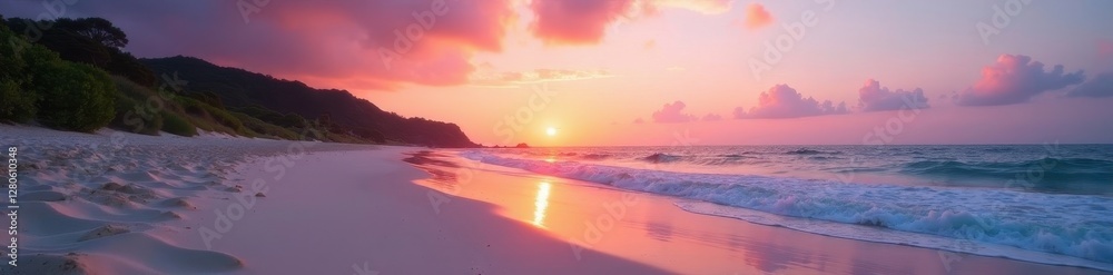 Pastel sunrise hues illuminate sandy beach; serene coastal scene, sunset, travel, morning Pastel sunrise hues illuminate sandy beach; serene coastal scene, sunset, travel, morning