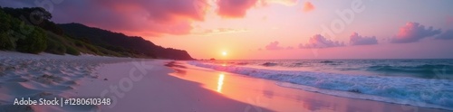 Pastel sunrise hues illuminate sandy beach; serene coastal scene, sunset, travel, morning