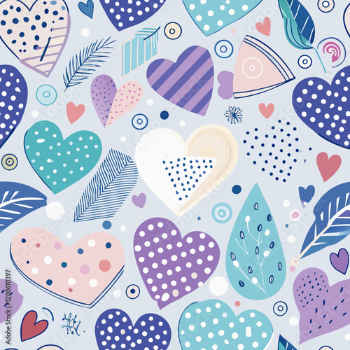 Colorful Heart Pattern: A vibrant, eye-catching pattern composed of various hearts and decorative elements, designed in a cheerful color palette, suitable for various design applications.