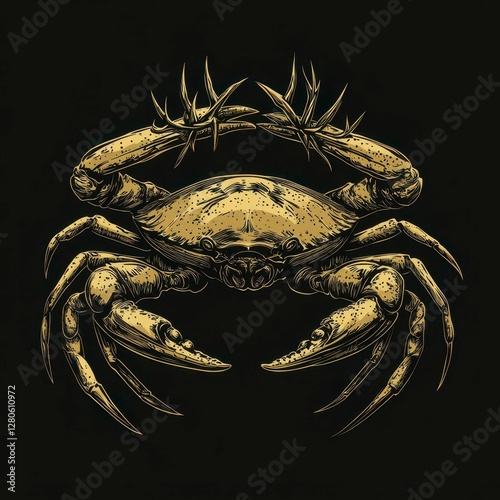 Golden Crab Illustration Detailed Marine Life Aquatic Crustacean Art Gold Engraving on Black Background photo