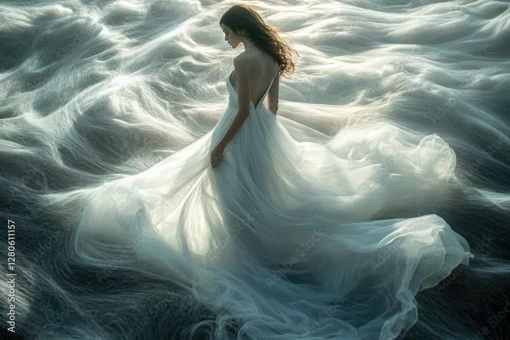 Naklejka premium A woman in a flowing white gown stands amidst ethereal, wave-like fabric, creating a dreamy and surreal scene.
