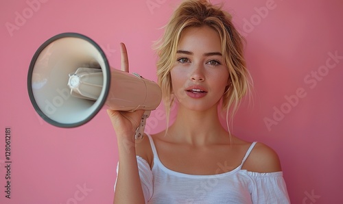 Young Woman Holding a Megaphone Against a Pink Wall