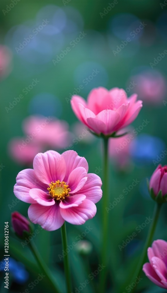 Flowers in garden with soft pink and blue hue, pink, botanical, bloom Flowers in garden with soft pink and blue hue, pink, botanical, bloom
