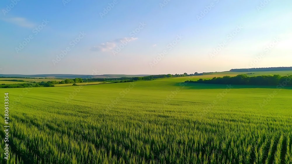 Green Wheat Field Landscape Under Blue Sky During a Sunny Day Green Wheat Field Landscape Under Blue Sky During a Sunny Day