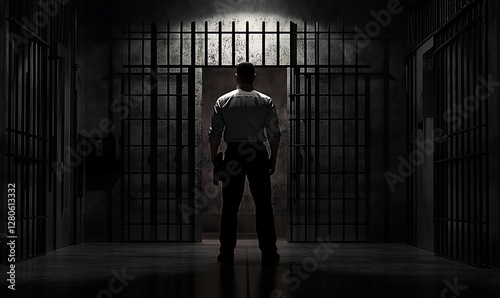 Prison guard standing at cell entrance, dark interior, security photo