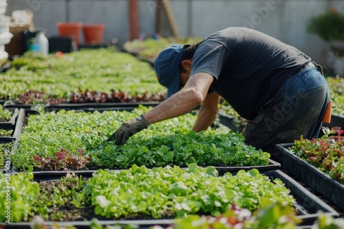 Green roof installation process underway in an urban setting with workers cultivating vegetation sustainably