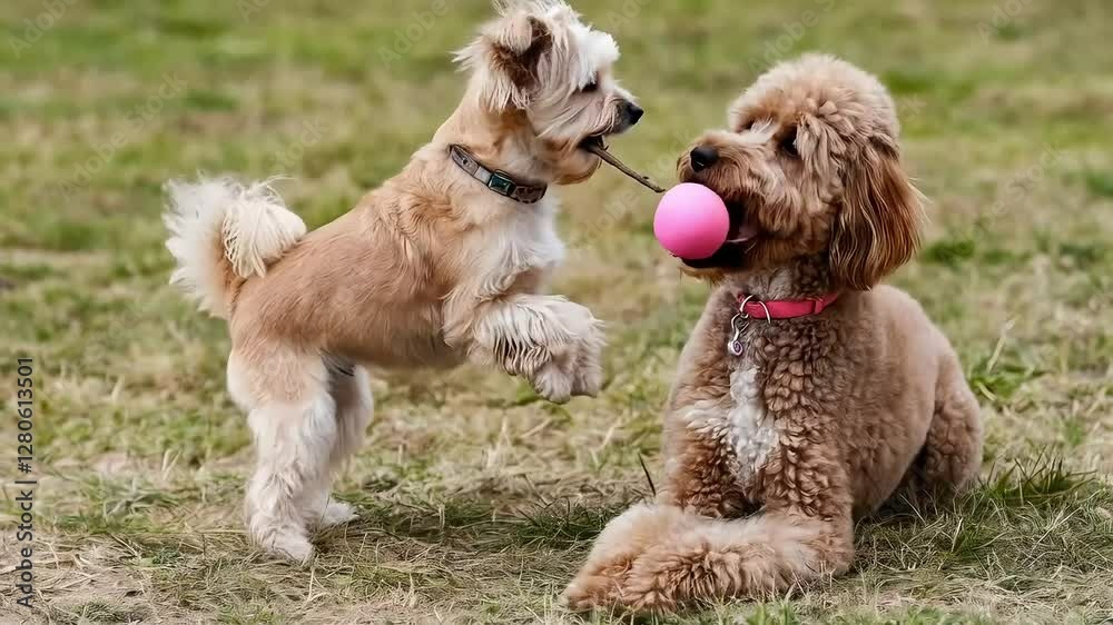 Two dogs playing tug-of-war with a stick and a ball Two dogs playing tug-of-war with a stick and a ball