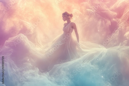 A woman in a flowing white dress appears ethereal, standing amidst pastel clouds and soft light.