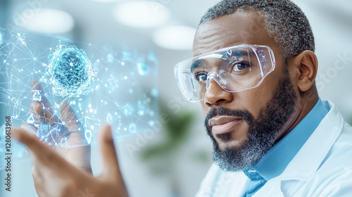 doctor wearing smart glasses interacts with holographic medical display in futuristic telemedicine center. advanced technology enhances patient care and diagnostics