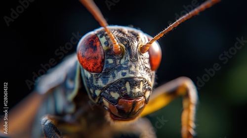 Close-up view of a grasshopper showcasing its vibrant details.