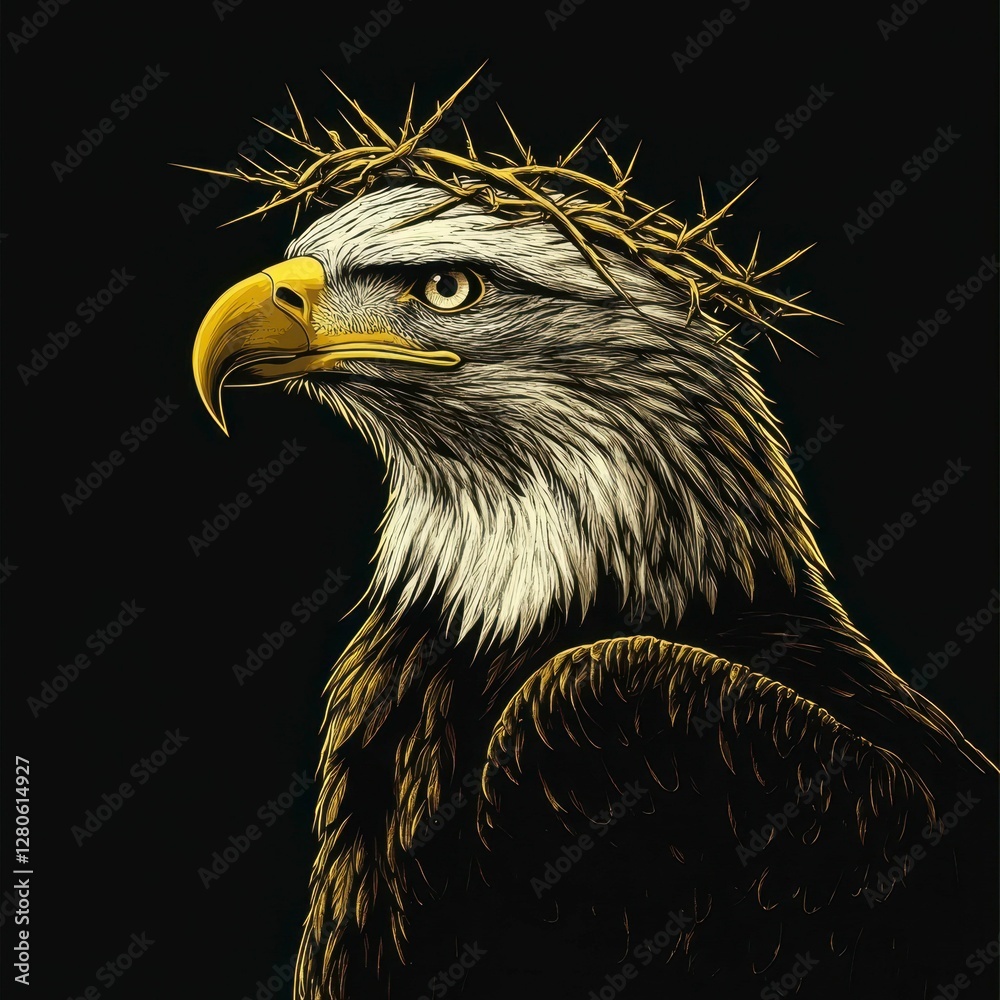 Fototapeta premium Golden Eagle Crowned with Thorns Symbol of Resilience and Sovereignty on Stark Black Backdrop Artwork