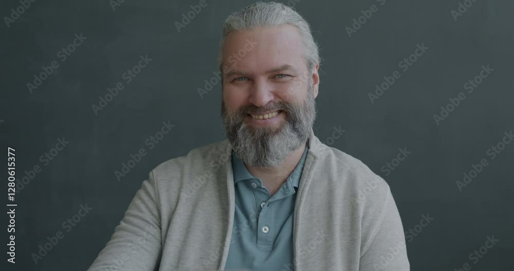 Slow motion portrait of happy mature man showing thumbs-up hand gesture smiling looking at camera on gray color background Slow motion portrait of happy mature man showing thumbs-up hand gesture smiling looking at camera on gray color background