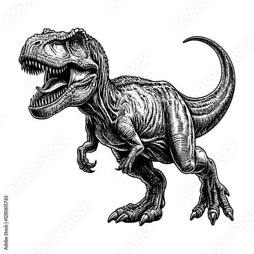 Tyrannosaurus sketch engraving black and white outline. Scratch board imitation.  illustrated in vintage line art style on a white background.
