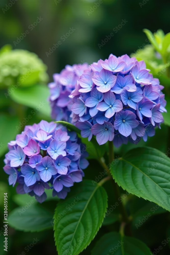 Large purple blue Hydrangea flower blooms in a lush green garden, big blooms, hydrangea macrophylla flowers Large purple blue Hydrangea flower blooms in a lush green garden, big blooms, hydrangea macrophylla flowers