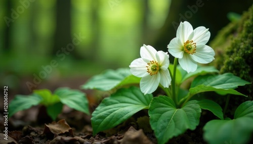 Mahogany Snow Hellebore blooms in a forest floor understory, spring garden, evergreen