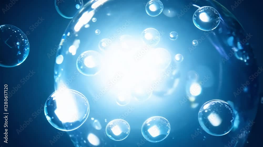 Dolly zoom video on beautiful colorful bubbles illuminated by a bright white backlight, creating stunning silhouettes against a simple dark blue backdrop, bubble edges glow intensely