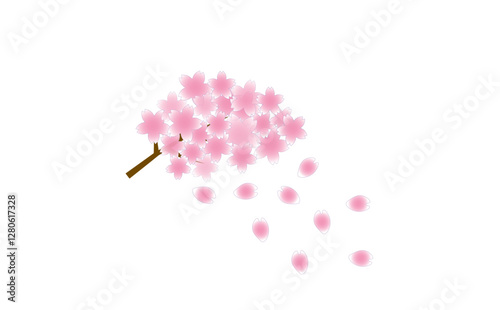 春の訪れ：満開の桜の花と舞い散る桜の花びらの水彩風イラスト