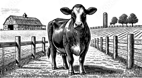 Cow sketch engraving black and white outline. Scratch board imitation.  illustrated in vintage line art style on a white background.