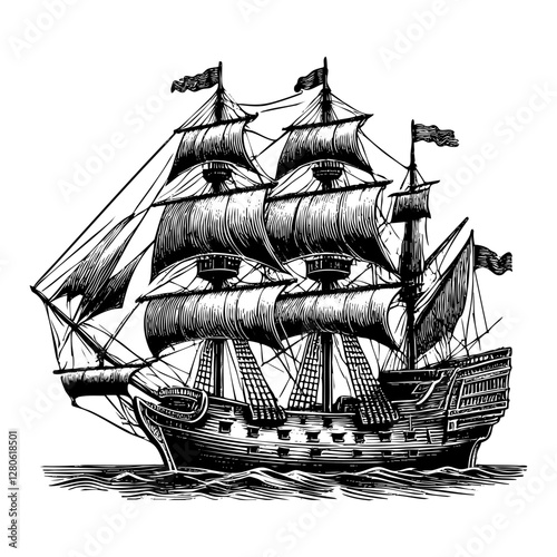 Retro ship engraving sketch engraving black and white outline. Scratch board imitation.  illustrated in vintage line art style on a white background.
