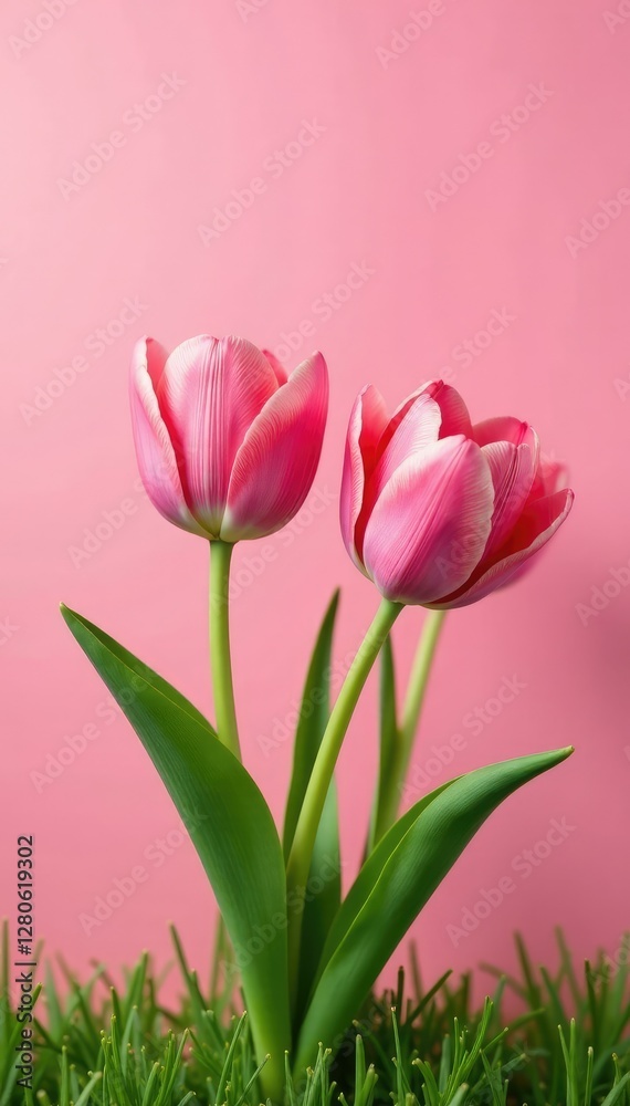 Fototapeta premium Pink tulips unfurl their petals on a soft pink grassy background, greenery, flowers, blooming flowers