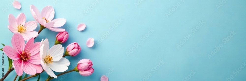 Fototapeta premium Soft pink and white flowers against a serene blue Spring celebration theme , image, texture