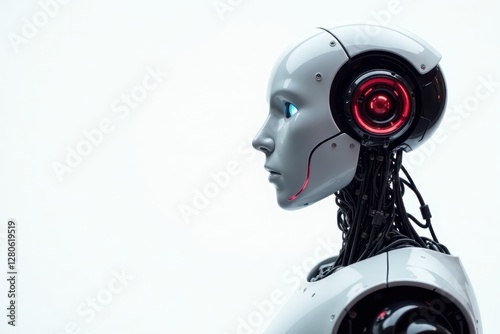 Sleek AI robot, white background Cogs visible , thinking machine, computer