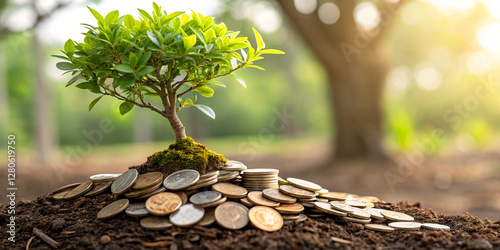 Coins on the tree. Business investment ideas coin tree planting and saving money tree coin tree money growth idea for bank or bank vector illustration.