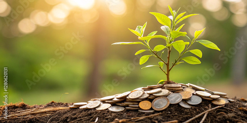 Coins on the tree. Business investment ideas coin tree planting and saving money tree coin tree money growth idea for bank or bank vector illustration.