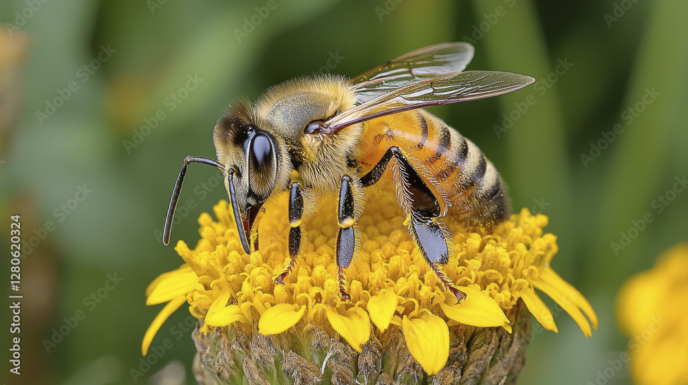 close up of bee collecting nectar from vibrant yellow flower, showcasing nature beauty and importance of pollinators close up of bee collecting nectar from vibrant yellow flower, showcasing nature beauty and importance of pollinators