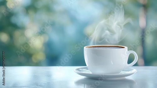 Steaming coffee cup on table, outdoor nature background, morning calm, relaxation