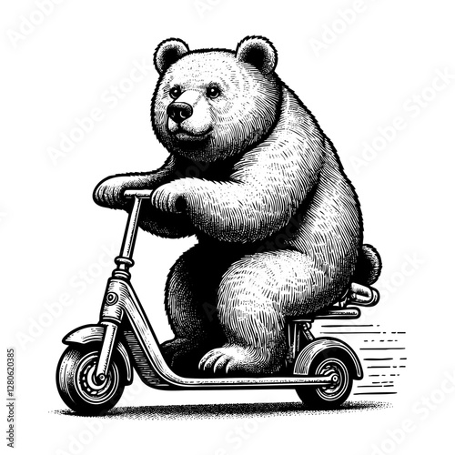 Bear ride scooter sketch engraving black and white outline. Scratch board imitation.  illustrated in vintage line art style on a white background.
