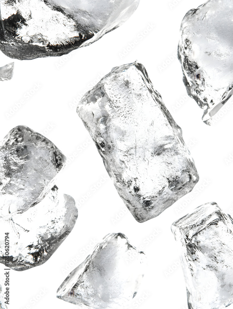 Falling ice cubes on transparent background. Irregular shapes and translucent texture. Cool, refreshing image, PNG Falling ice cubes on transparent background. Irregular shapes and translucent texture. Cool, refreshing image, PNG