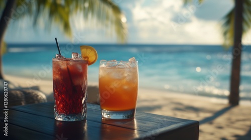 Alcohol consumption at a tropical island resort bar with rum cocktails and beach view. Featuring relaxation and escapism