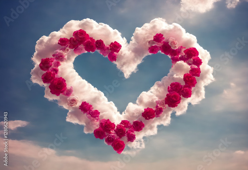 Heart made from clouds with rose flowers