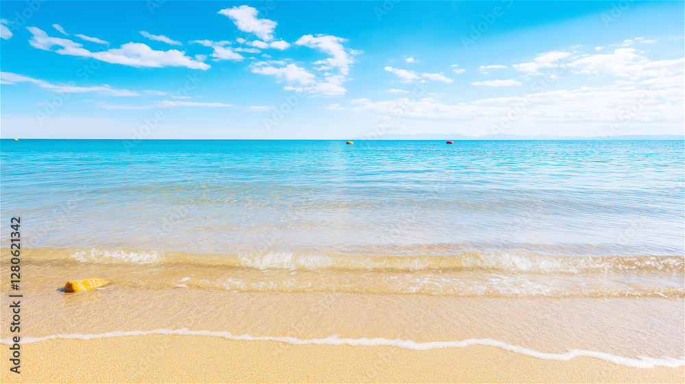 A serene beach with clear turquoise water, gentle waves lapping at the shore under a bright sunny sky. The scene is peaceful and perfect for relaxation or a tropical vacation. A serene beach with clear turquoise water, gentle waves lapping at the shore under a bright sunny sky. The scene is peaceful and perfect for relaxation or a tropical vacation.