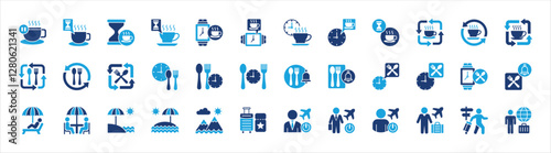 Office coffee break icon set. Time break for lunch icon collection. Vacation office day off symbol. Icon set contain symbol of coffee time, rest hours, lunchtime, eat, vacation, holiday, beach.