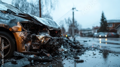 A close-up of a damaged car highlights the desaturated colors and wet streets, evoking feelings of abandonment and resilience in a melancholic urban environment. photo