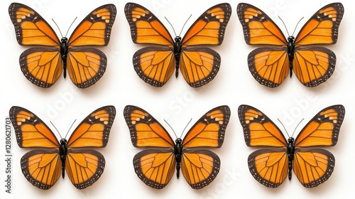 Six Monarch Butterflies in a Symmetrical Grid Pattern on White Background